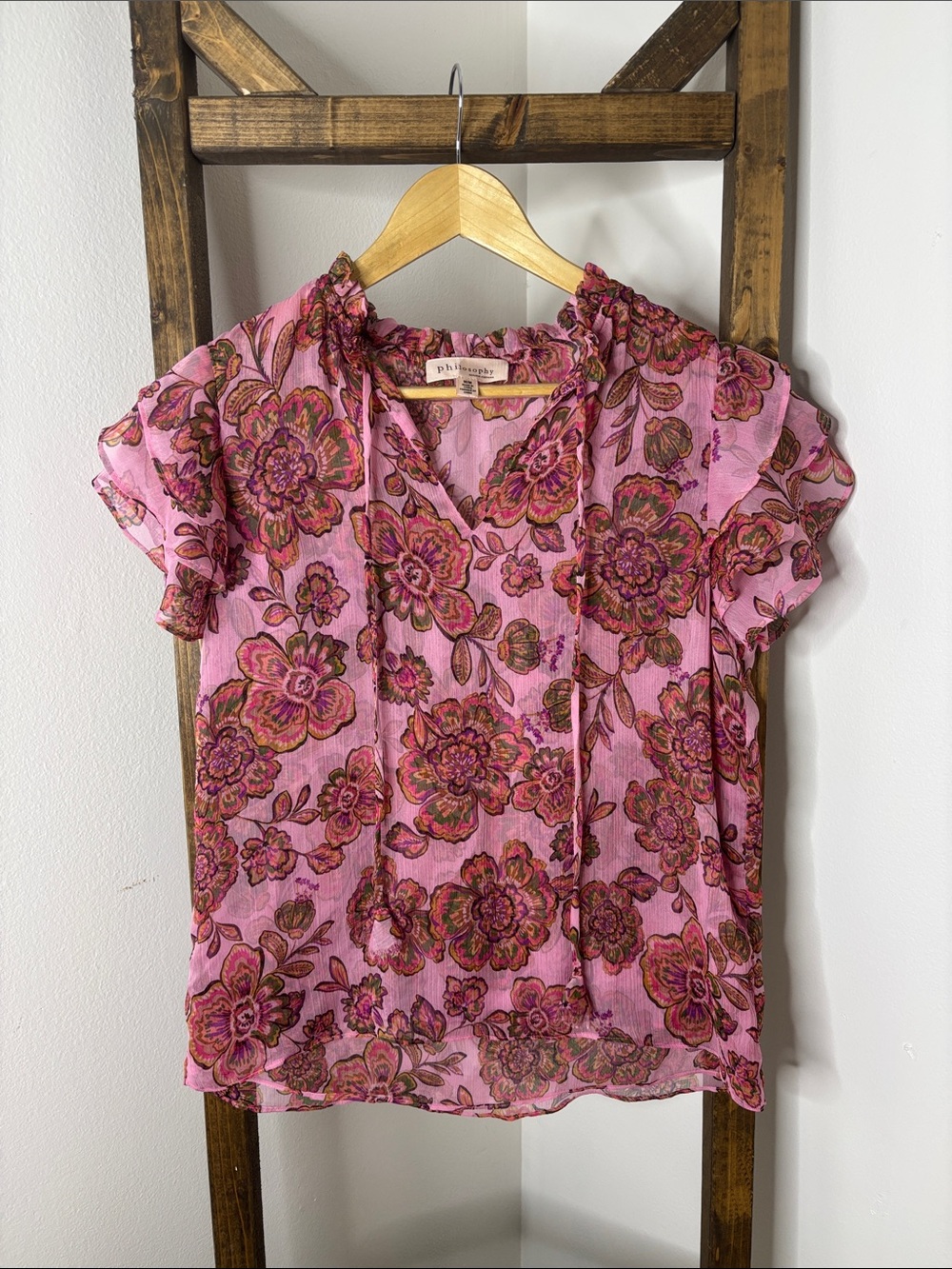 Philosophy Pink Floral Ruffle Sleeve Split Neck Blouse Boho Size M